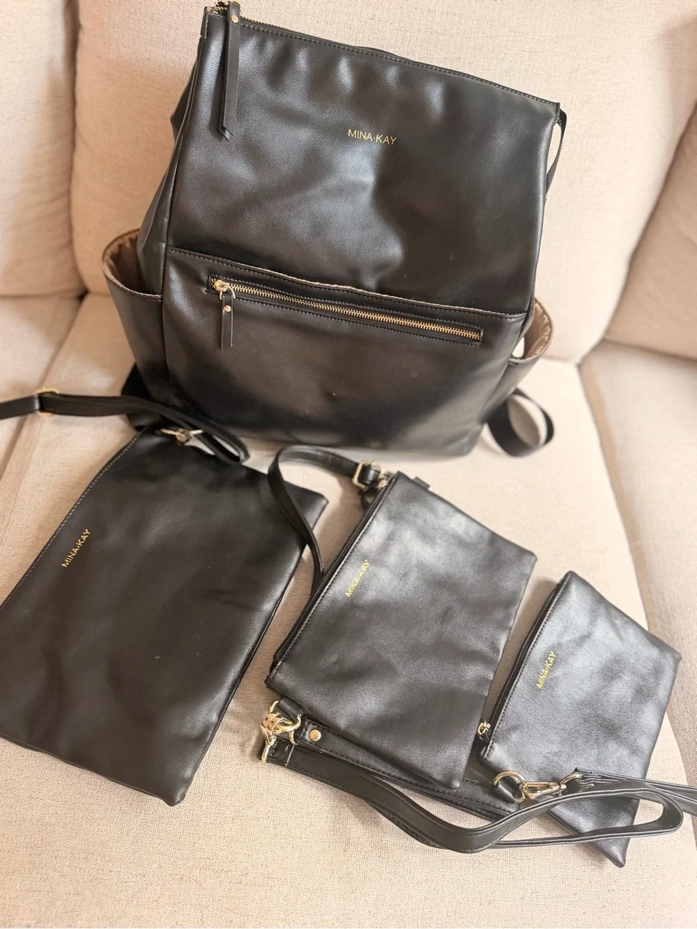 Mina Kay Black Leather Backpack with Matching crossbody and Pouche